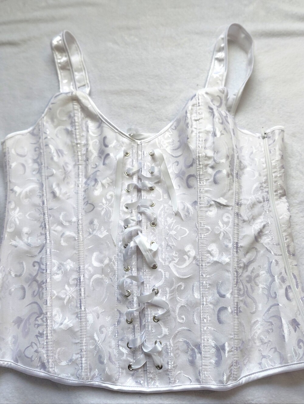 Shirley Of Hollywood Cotton Bustier White Floral Satin Lace-Up Corset Top